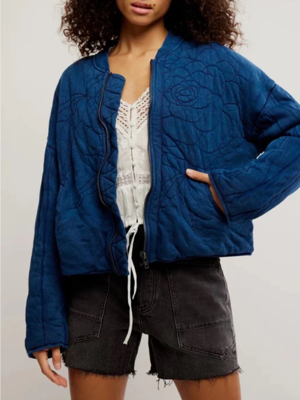 Free People Blue Quilted Rose Quinn Zip Bomber Jacket